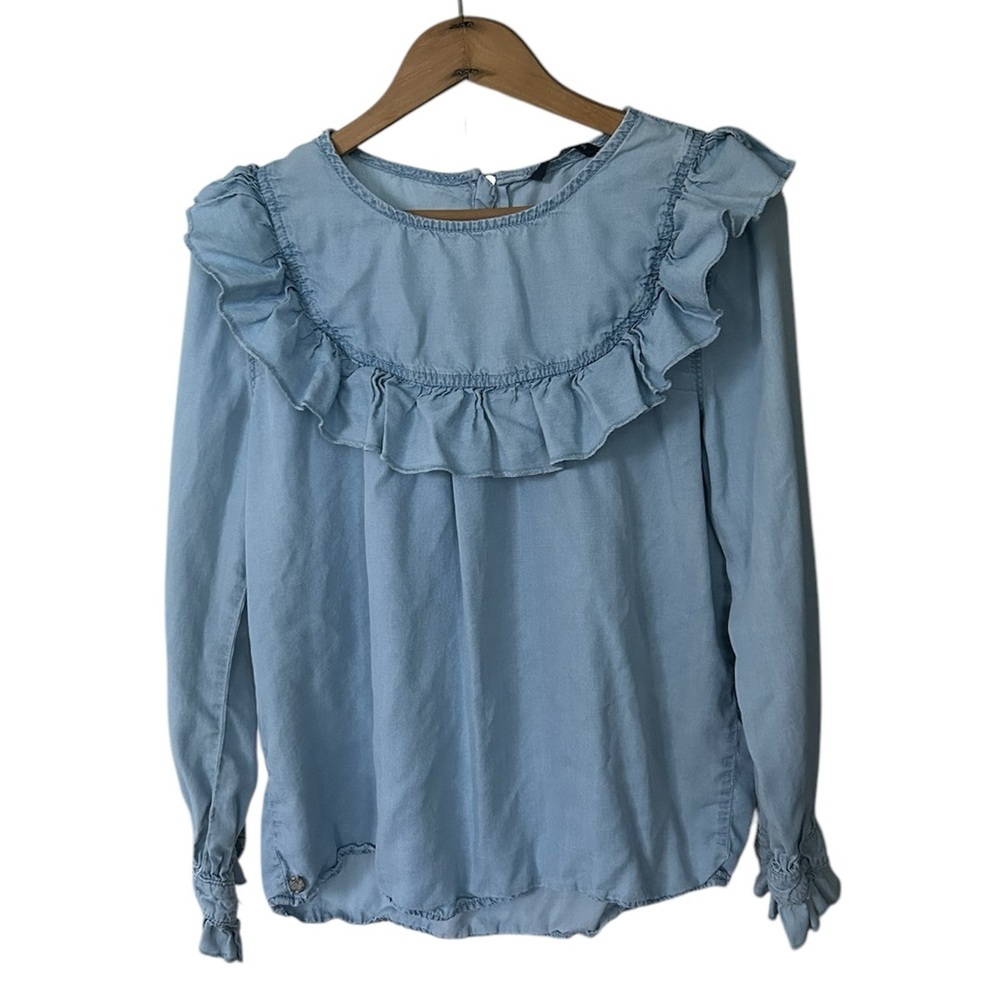 Only | Women’s light blue Lyocell long sleeve ruffle top blouse back zip Size 10